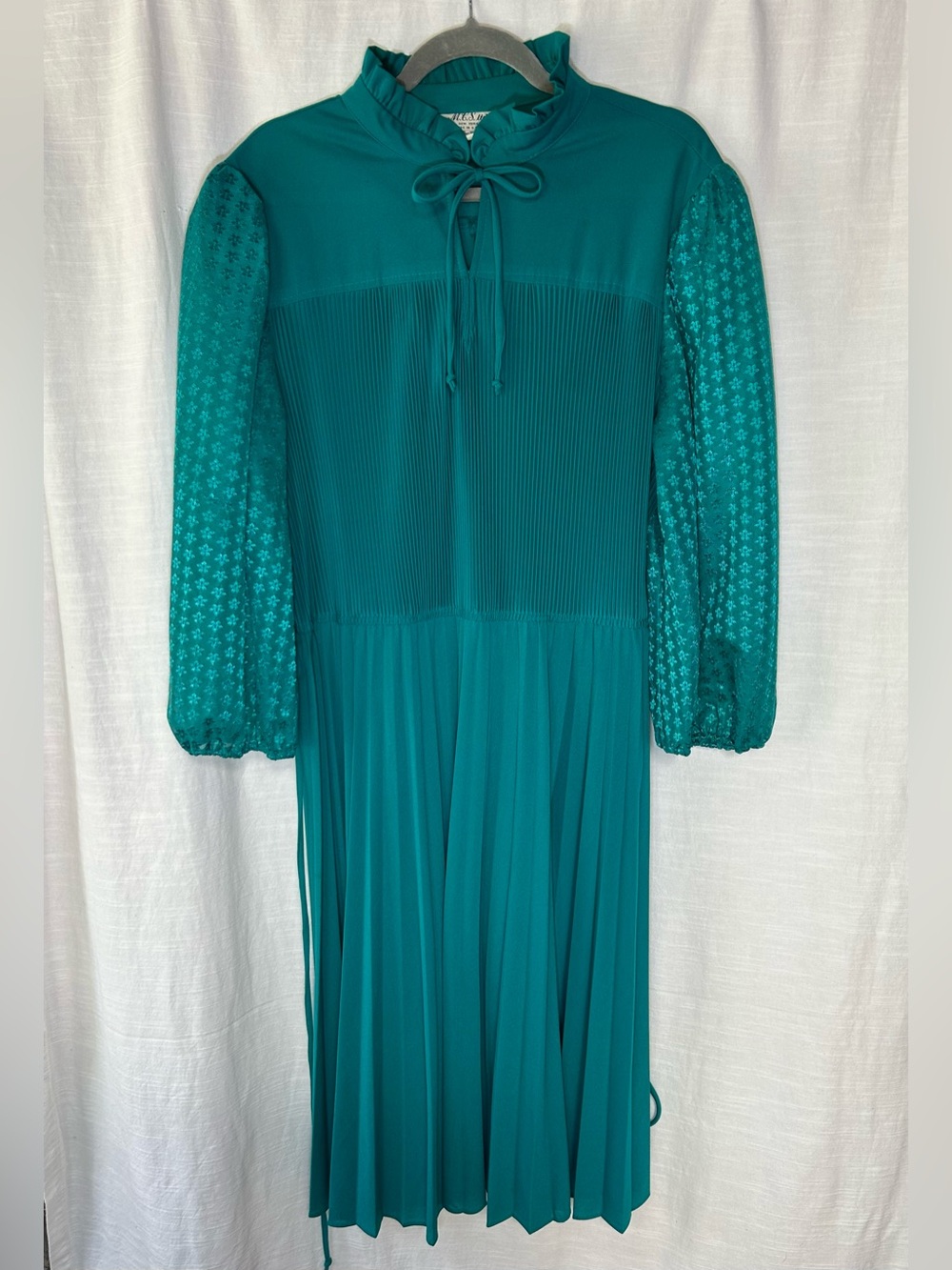 True Vintage Circa 70's/80's Teal Pleated Midi Dress with Tie Waist